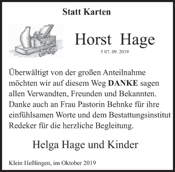 Traueranzeige von Horst Hage von Deister- und Weserzeitung
