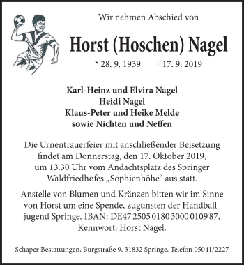 Traueranzeige von Horst Nagel von Neue Deister-Zeitung