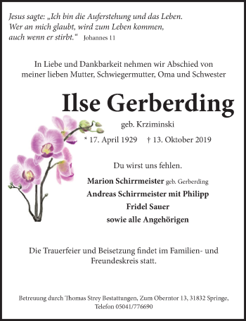 Traueranzeige von Ilse Gerberding von Neue Deister-Zeitung