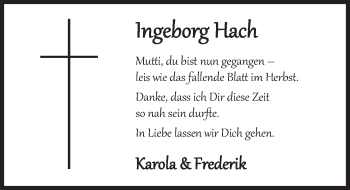 Traueranzeige von Ingeborg Hach von Deister- und Weserzeitung