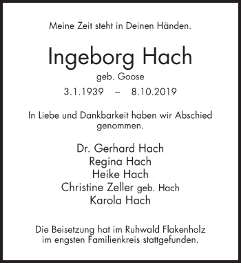 Traueranzeige von Ingeborg Hach von Deister- und Weserzeitung