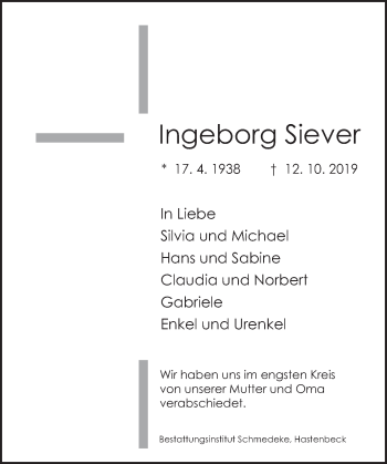 Traueranzeige von Ingeborg Siever von Deister- und Weserzeitung
