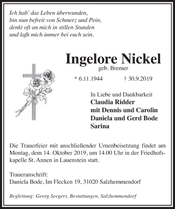 Traueranzeige von Ingelore Nickel von Deister- und Weserzeitung