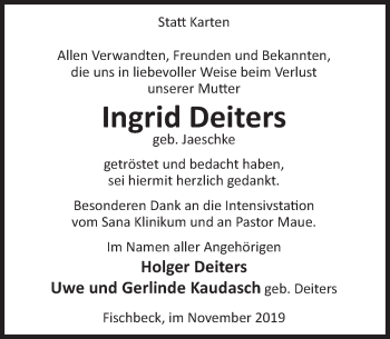 Traueranzeige von Ingrid Deiters von Deister- und Weserzeitung