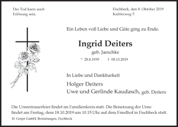Traueranzeige von Ingrid Deiters von Deister- und Weserzeitung
