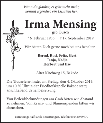 Traueranzeige von Irma Mensing 