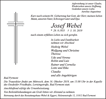 Traueranzeige von Josef Webel von Deister- und Weserzeitung