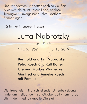 Traueranzeige von Jutta Nabrotzky von Deister- und Weserzeitung