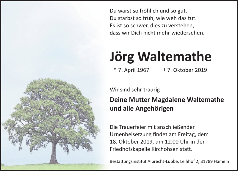  Traueranzeige für Jörg Waltemathe vom 12.10.2019 aus Deister- und Weserzeitung
