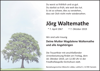 Traueranzeige von Jörg Waltemathe von Deister- und Weserzeitung