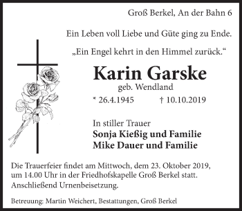 Traueranzeige von Karin Garske von Deister- und Weserzeitung
