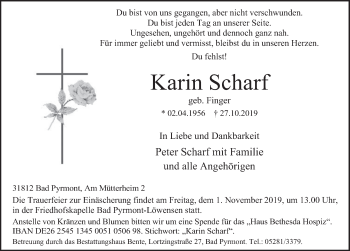 Traueranzeige von Karin Scharf von Deister- und Weserzeitung