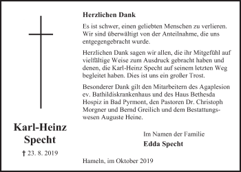Traueranzeige von Karl-Heinz Specht von Deister- und Weserzeitung