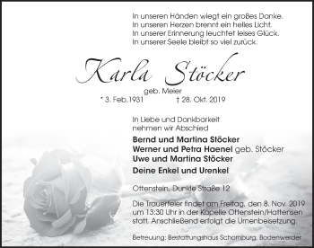 Traueranzeige von Karla Stöcker von Deister- und Weserzeitung