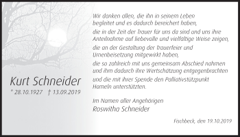 Traueranzeige von Kurt Schneider von Deister- und Weserzeitung