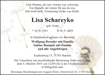 Traueranzeige von Lisa Schareyko von Deister- und Weserzeitung