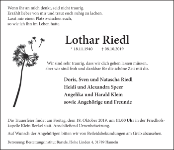 Traueranzeige von Lothar Riedl von Deister- und Weserzeitung