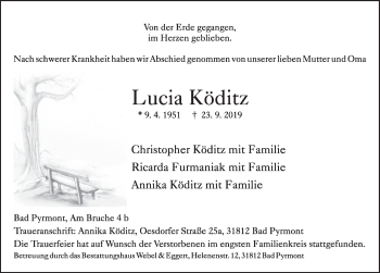 Traueranzeige von Lucia Köditz von Deister- und Weserzeitung