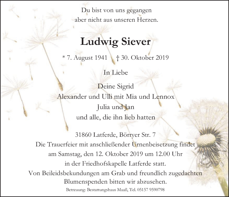  Traueranzeige für Ludwig Siever vom 09.10.2019 aus Deister- und Weserzeitung