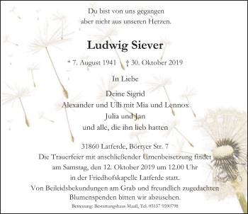 Traueranzeige von Ludwig Siever von Deister- und Weserzeitung