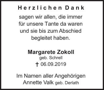 Traueranzeige von Margarete Zokoll von Deister- und Weserzeitung