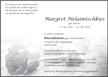Traueranzeige von Margret Nelaimischkies von Deister- und Weserzeitung