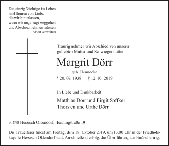 Traueranzeige von Margrit Dörr von Deister- und Weserzeitung