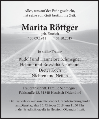 Traueranzeige von Marita Röttger von Deister- und Weserzeitung
