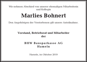 Traueranzeige von Marlies Bohnert von Deister- und Weserzeitung