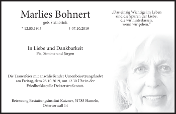 Traueranzeige von Marlies Bohnert von Deister- und Weserzeitung
