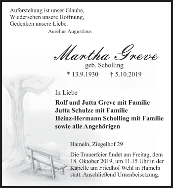 Traueranzeige von Martha Greve von Deister- und Weserzeitung