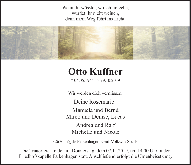  Traueranzeige für Otto Kuffner vom 02.11.2019 aus Deister- und Weserzeitung
