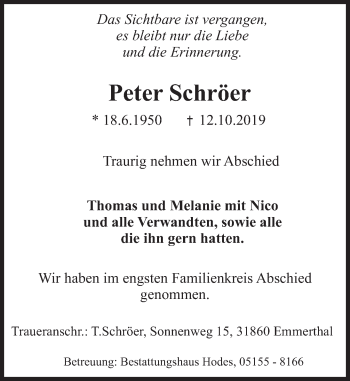 Traueranzeige von Peter Schröer von Deister- und Weserzeitung