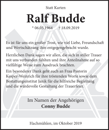 Traueranzeige von Ralf Budde von Neue Deister-Zeitung