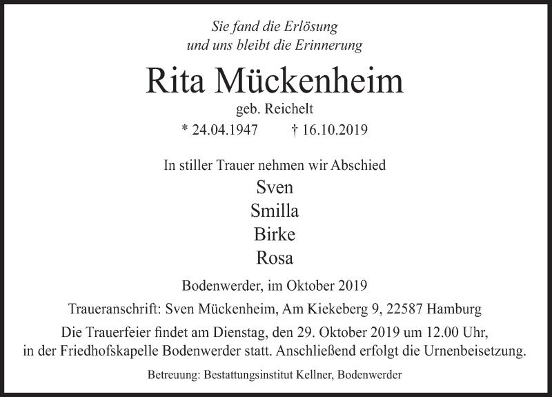  Traueranzeige für Rita Mückenheim vom 23.10.2019 aus Deister- und Weserzeitung