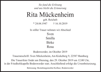 Traueranzeige von Rita Mückenheim von Deister- und Weserzeitung