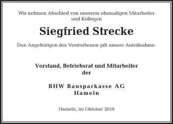 Traueranzeige von Siegfried Strecke von Deister- und Weserzeitung