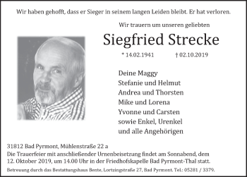 Traueranzeige von Siegfried Strecke von Deister- und Weserzeitung
