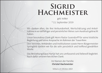 Traueranzeige von Sigrid Hachmeister von Neue Deister-Zeitung