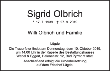 Traueranzeige von Sigrid Olbrich von Deister- und Weserzeitung