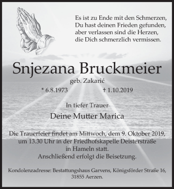 Traueranzeige von Snjezana Bruckmeier von Deister- und Weserzeitung
