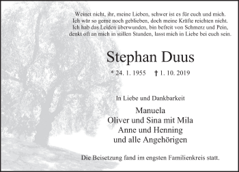 Traueranzeige von Stephan Duus von Deister- und Weserzeitung