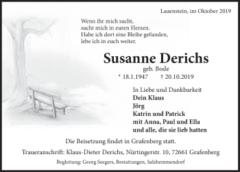 Traueranzeige von Susanne Derichs von Deister- und Weserzeitung