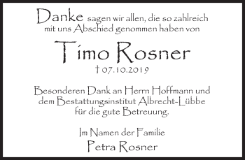 Traueranzeige von Timo Rosner von Deister- und Weserzeitung