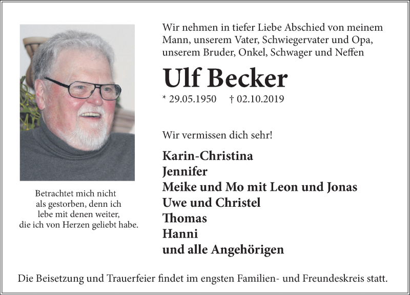  Traueranzeige für Ulf Becker vom 05.10.2019 aus Deister- und Weserzeitung