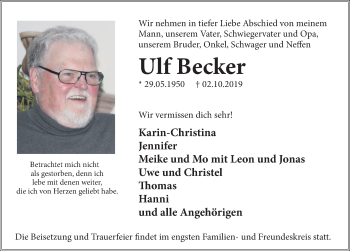 Traueranzeige von Ulf Becker von Deister- und Weserzeitung
