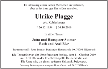 Traueranzeige von Ulrike Plagge von Deister- und Weserzeitung
