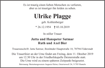 Traueranzeige von Ulrike Plagge von Deister- und Weserzeitung