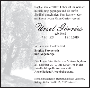 Traueranzeige von Ursel Görries von Deister- und Weserzeitung