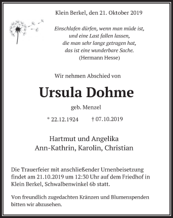 Traueranzeige von Ursula Dohme von Deister- und Weserzeitung